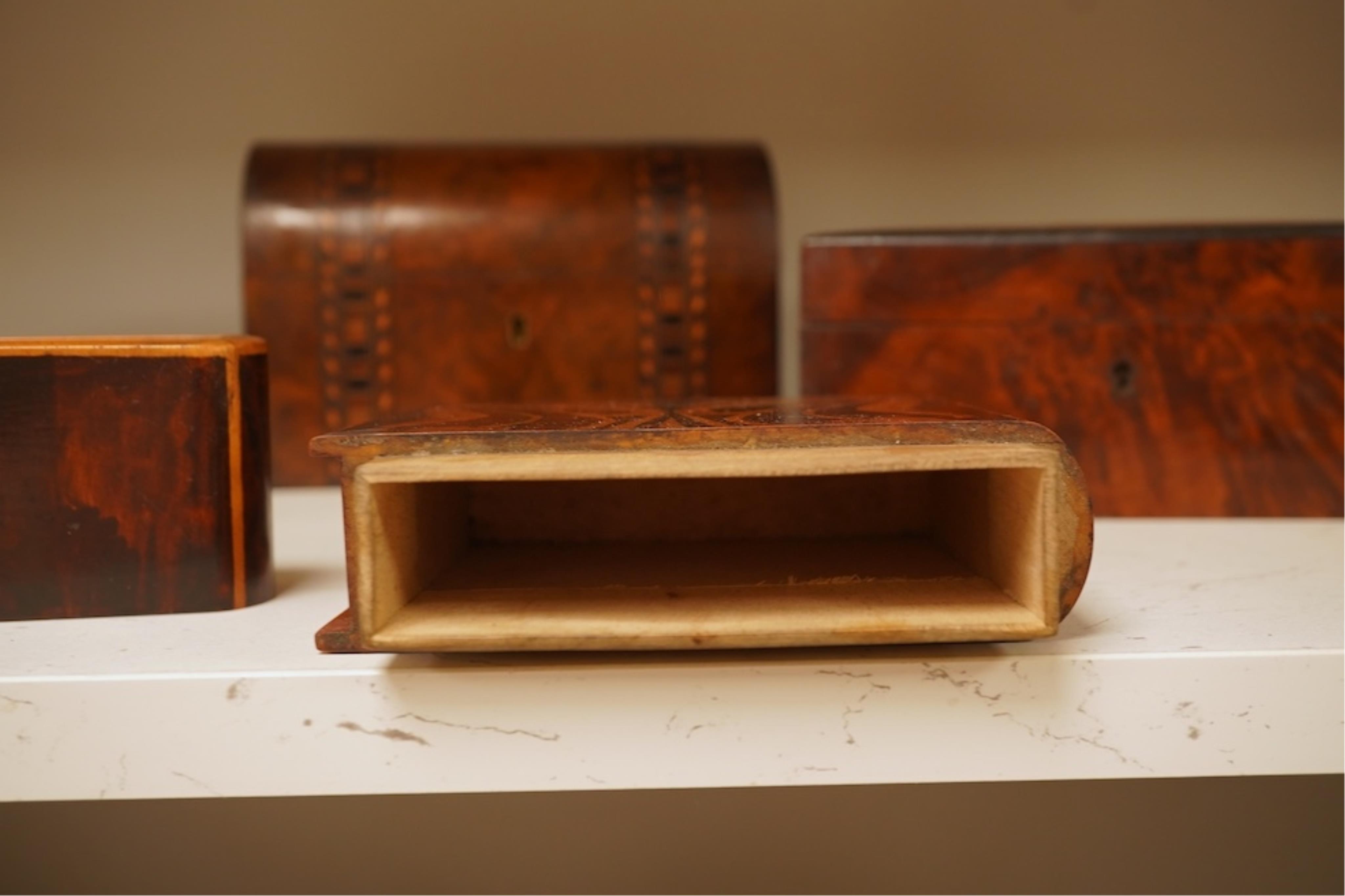 A 19th century French thuya box, Victorian tea caddy and an Art Nouveau book-shaped box, largest 20cm high